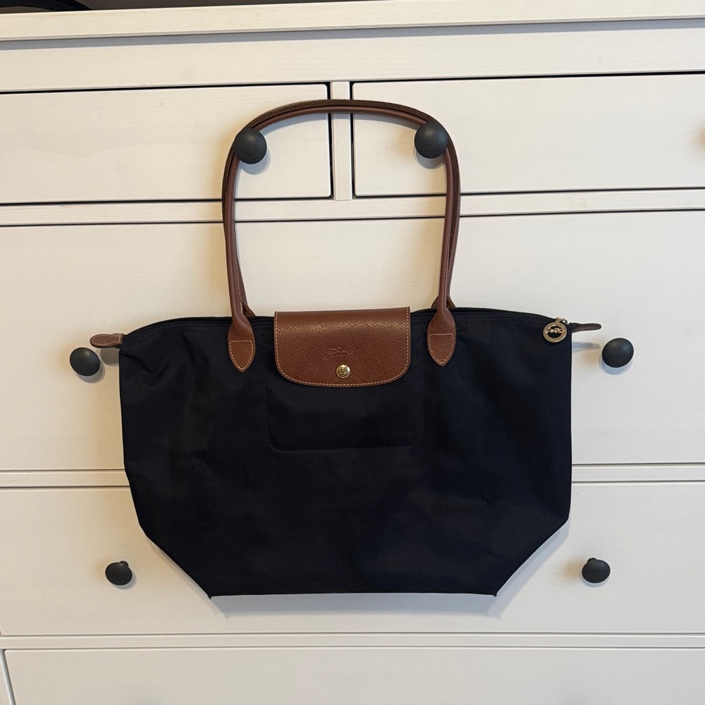 Longchamp Black Tote with Brown Accents